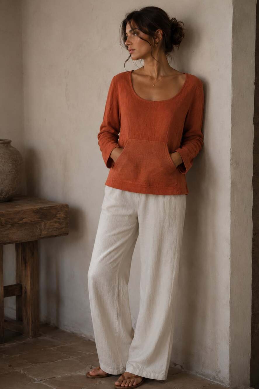 FLAX Jeanne Engelhart 100% Linen Kangaroo Pocket Top Orange Small Made Lithuania